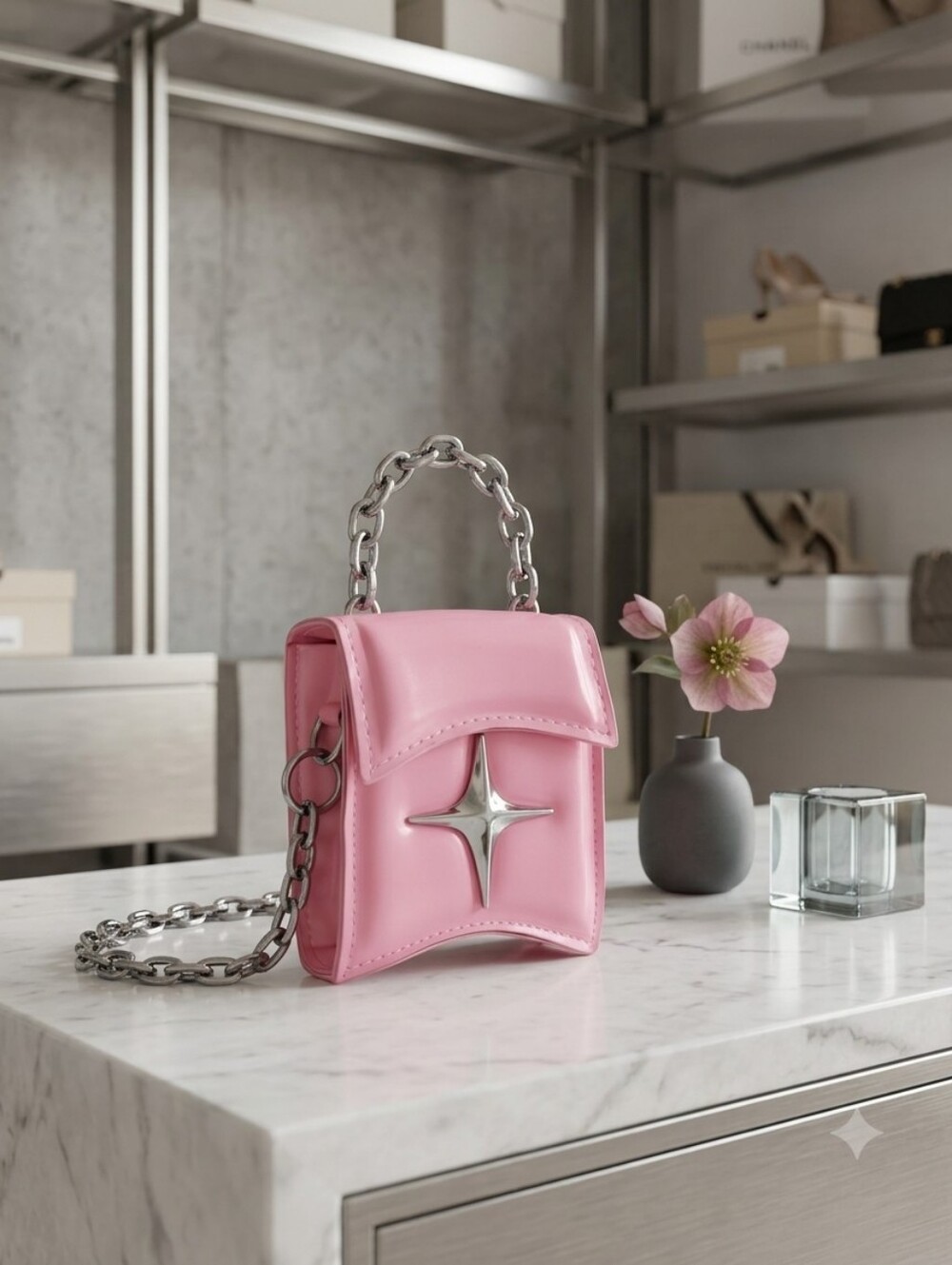 Pink Patent Mini Crossbody Bag with Silver Chain